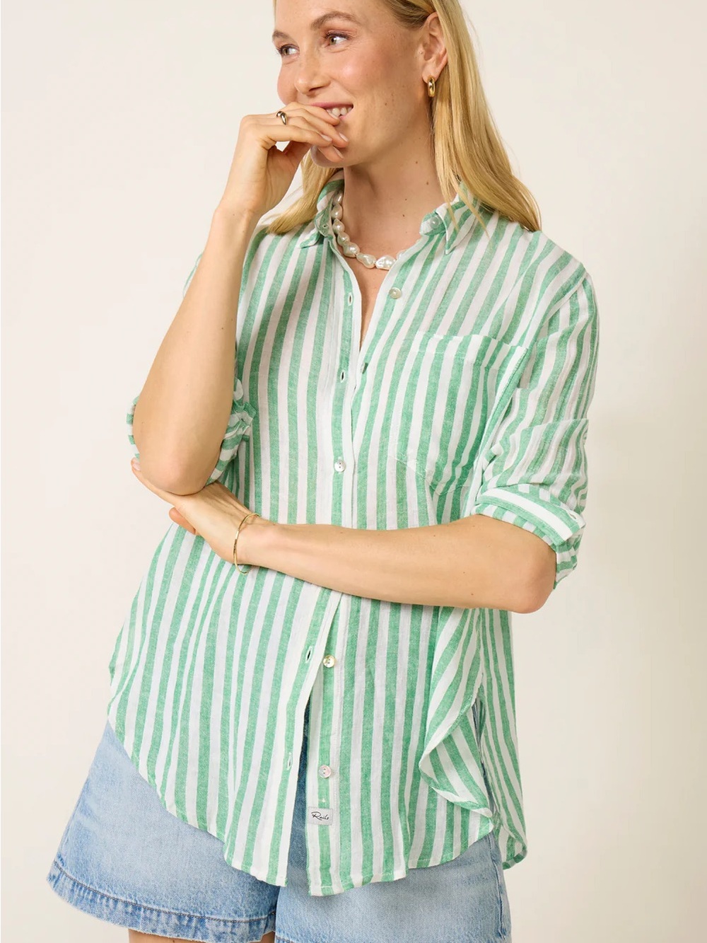 Green and White Rails linen Striped Button-Up Shirt